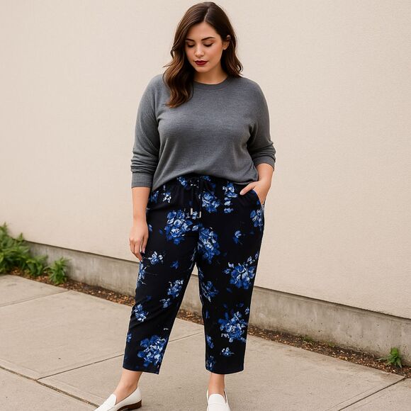 Coldwater Creek Floral Navy Ankle Pants Sz Large Petite Vacation Workwear Beach - Picture 1 of 16